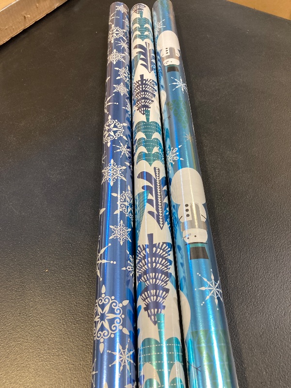 Photo 2 of Hallmark Blue Foil Christmas Wrapping Paper with Cut Lines on Reverse (3 Rolls: 60 sq. ft. ttl) Snowmen