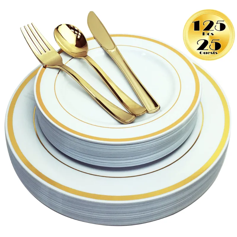 Photo 1 of Gold and White plates with Gold Silverware
