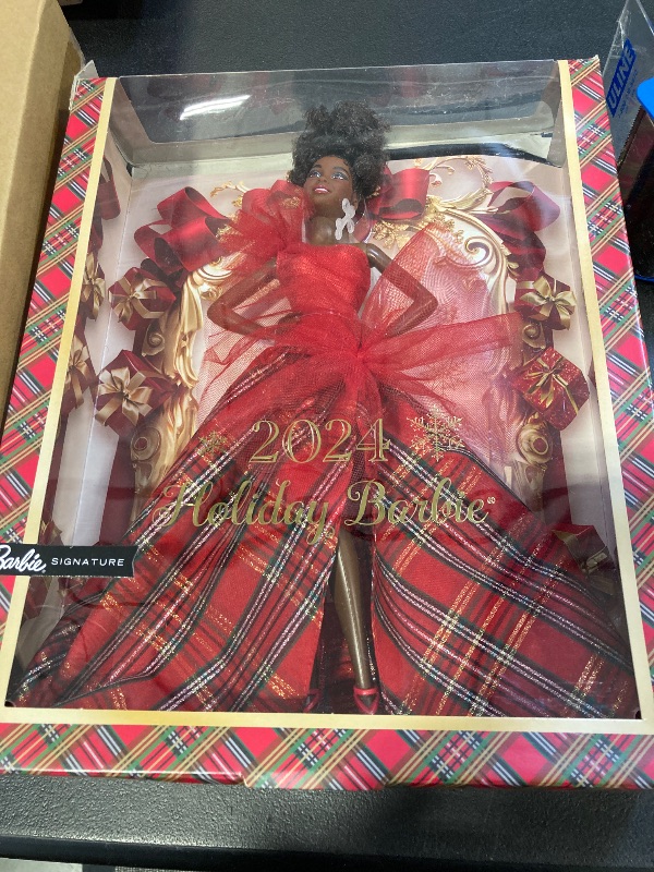 Photo 2 of Barbie Signature Doll, 2024 Holiday Fashion Doll with Brown Hair Wearing Plaid Gown, Seasonal Collector Gift in Displayable Packaging