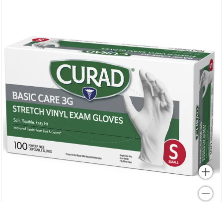 Photo 1 of Curad Basic Care 3G Vinyl Exam Gloves, Small, 100 ct
