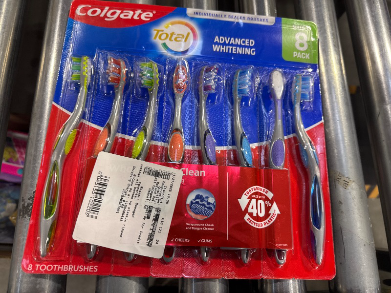 Photo 2 of Colgate Total Whole Mouth Health Advanced Whitening, Soft Floss Tip Bristles Wraparound Cheek and Tongue Cleaner Spiral Bristles - 8 Toothbrushes