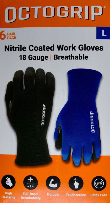 Photo 1 of Octogrip Nitrile Coated Work Gloves, 18 Gauge, Breathable, 6 Pairs
