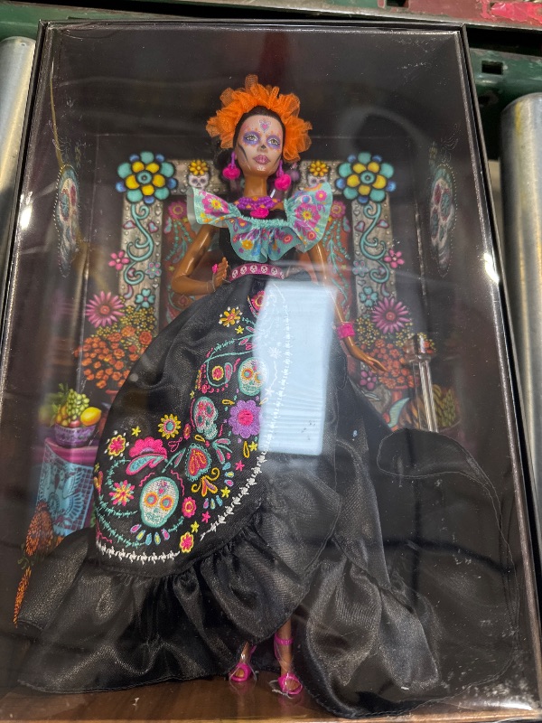 Photo 2 of Barbie Signature Doll, 2024 Día De Muertos Collectible in Black Dress with Blue Ruffle Top, Embroidered Print, and Colorful Accessories