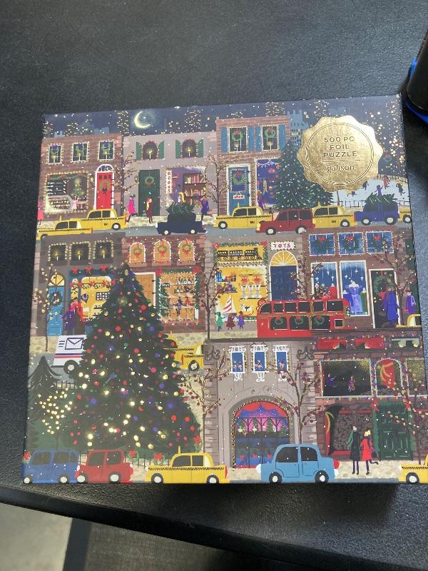 Photo 2 of Galison Winter Lights Foil Puzzle 500 Pieces – Holiday Jigsaw Puzzle Featuring Festive City Scene by Joy Laforme – Thick, Sturdy Pieces Challenging Family Activity Great Gift Idea