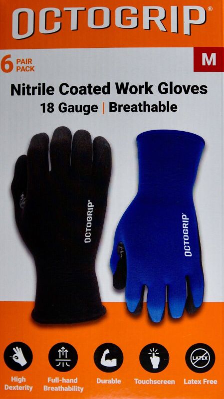 Photo 1 of Octogrip Nitrile Coated Work Gloves, 18 Gauge, Breathable, 6 Pairs size M