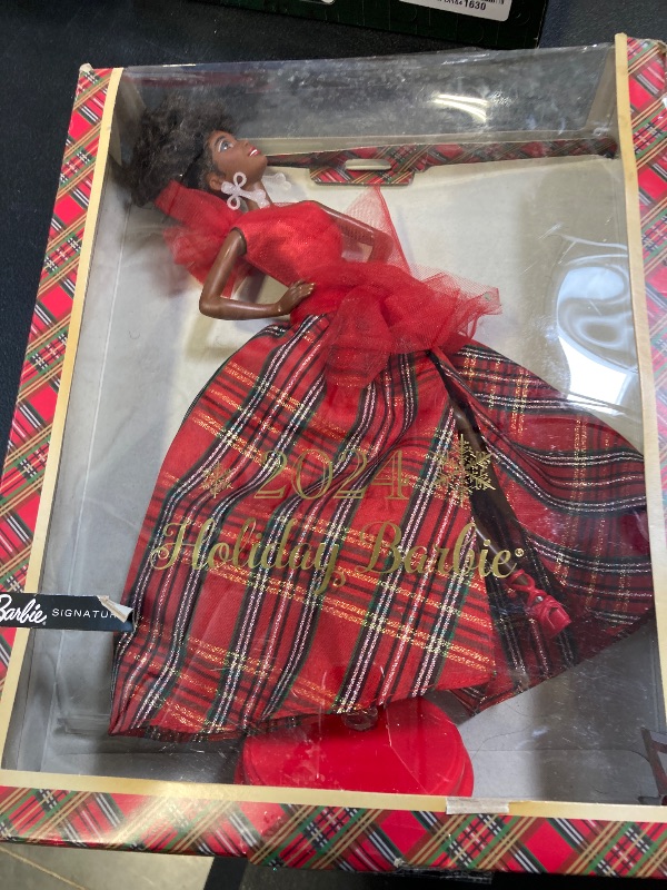 Photo 2 of Barbie Signature Doll, 2024 Holiday Fashion Doll with Brown Hair Wearing Plaid Gown, Seasonal Collector Gift in Displayable Packaging