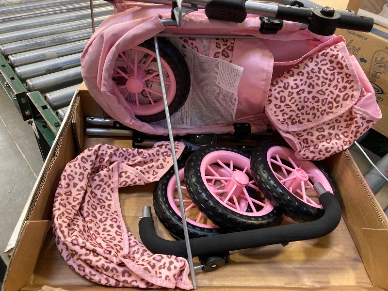 Photo 3 of Bayer Design Dolls: Trendy Pram - Pink & Animal Print- Includes Shoulder Bag, Fits Dolls Up to 18", Adjustable Handle, Kids Pretend Play, Shopping Basket, Easy to Fold, Ages 3+