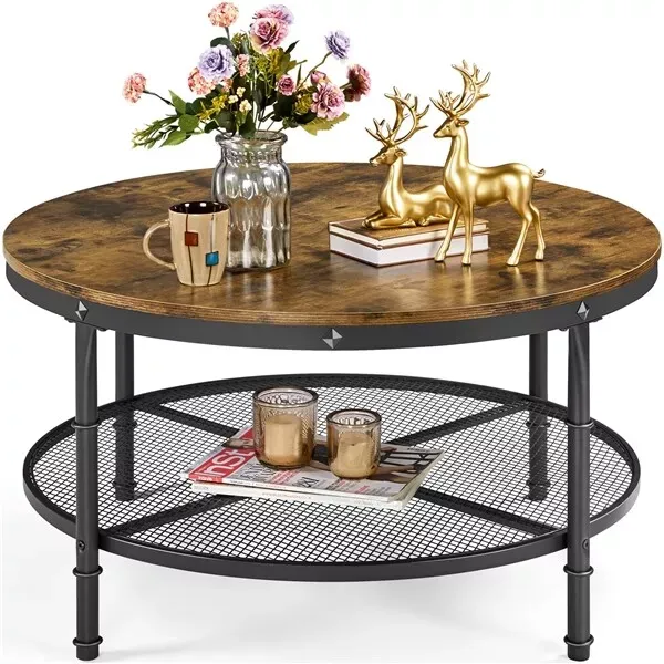 Photo 1 of 35in Round Coffee Table w/Iron Mesh Storage Shelf for Living Room Home Furniture
