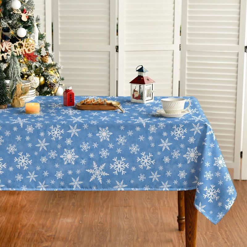 Photo 1 of Horaldaily Christmas Tablecloth 60×104 Inch Rectangular, White Snow Blue Washable Table Cover for Party Picnic Dinner Decor
