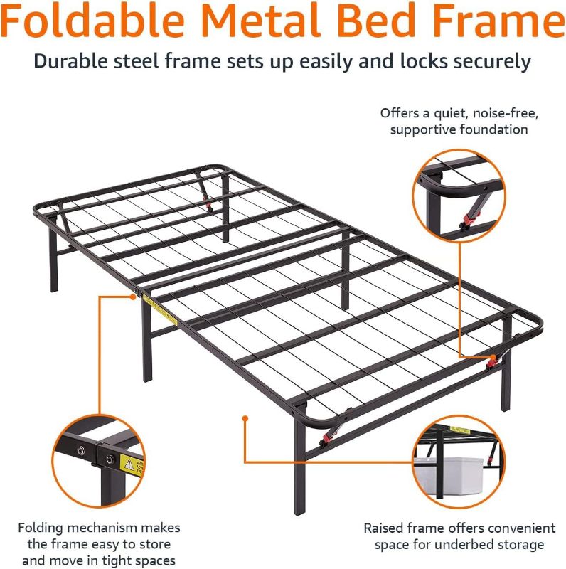 Photo 1 of Amazon Basics Bed Frame with Storage, Foldable Metal Platform, Sturdy Steel, No Box Spring Needed, 14-inch High, Tool-Free Setup, Twin Size, Black