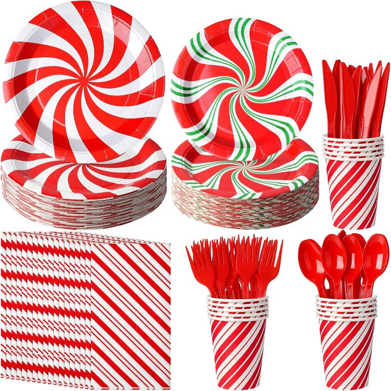 Photo 1 of  Christmas Candy Cane Party Plates Supplies,Christmas Disposable Tableware Peppermint Swirl Red Green Paper Plate Napkins Cup Knives Spoon Fork for New Year Christmas Holiday Party Decorations Serve 50
