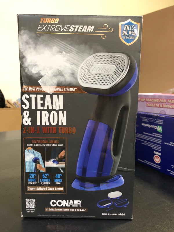 Photo 2 of Conair 2-in-1 Handheld Steamer and Iron for Clothes, Turbo ExtremeSteam 1875W Garment Steamer and Clothing Iron,Black / Blue