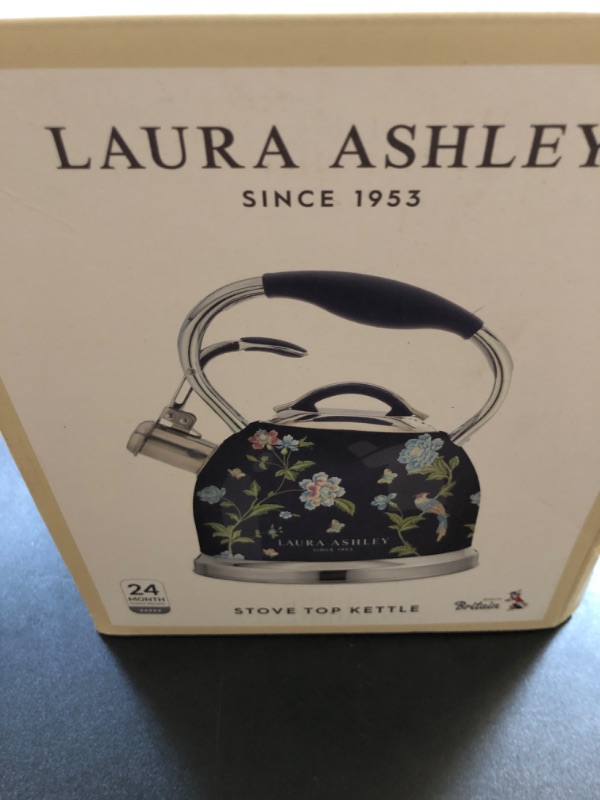 Photo 2 of VQ Laura Ashley Elveden Navy 3L Stainless Steel Tea Kettle Stovetop Whistling Teapot for Induction, Gas Hob or others. Silicon Coated Cool Handle & Push Button Mechanism Vintage Stove Top Kettle