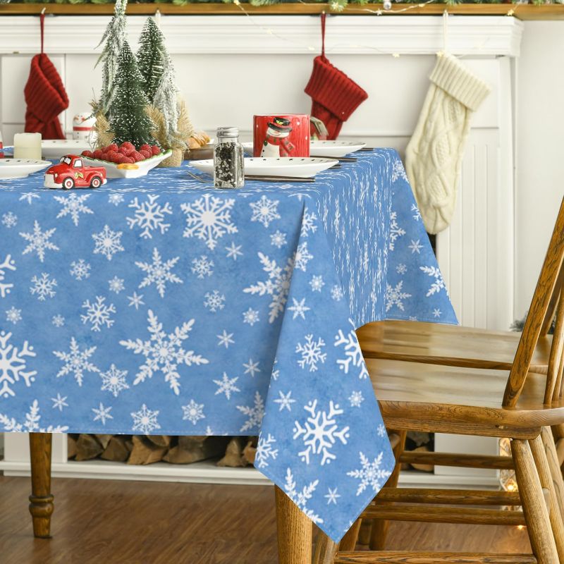 Photo 1 of Horaldaily Christmas Tablecloth 60×104 Inch Rectangular, White Snow Blue Washable Table Cover for Party Picnic Dinner Decor