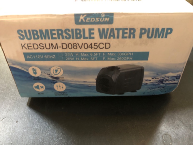 Photo 2 of KEDSUM 260GPH Submersible Pump(1200L/H,20W), Ultra Quiet Water Pump with 5ft High Lift, Fountain Pump with 5.9 ft Grounded Power Cord, 3 Nozzles for Fish Tank, Pond, Aquarium, Statuary, Hydroponics