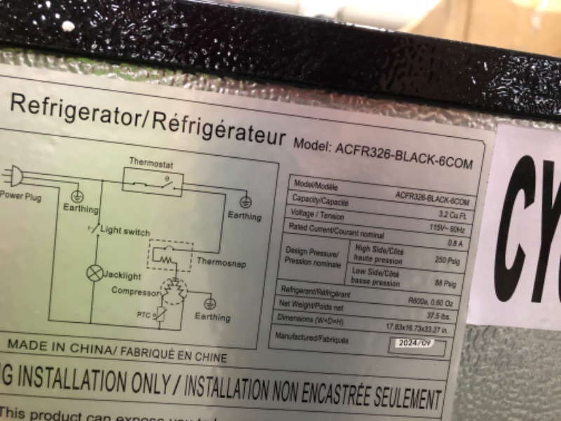 Photo 1 of (for parts/ turns on )  POWERS ON** Arctic Chef 3.2 Cu. ft. Compact Refrigerator with Eraser Board Door, RFR326, Black