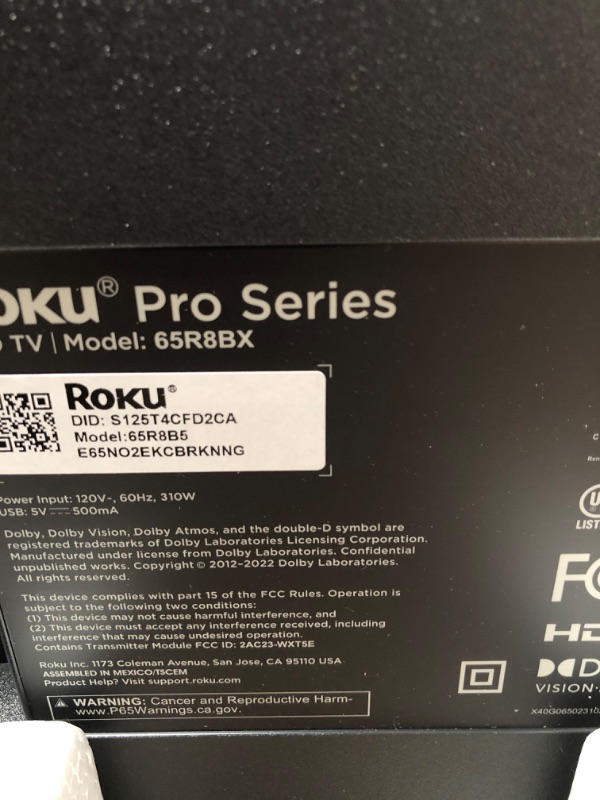 Photo 1 of !!!BROKEN/Roku Smart TV – 65-Inch Pro Series 4K QLED RokuTV with Backlit Roku Voice Remote Pro, Dolby Vision IQ, 120Hz Refresh Rate – Live Local News, Sports, Gaming