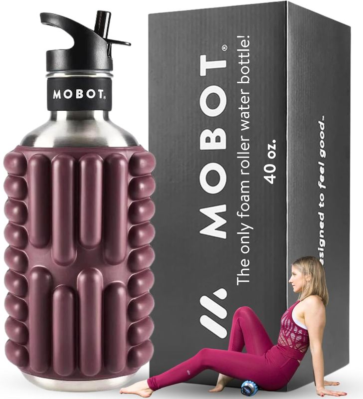 Photo 1 of (BEET PLUM COLORMOBOT Portable Travel Foam Roller Water Bottle with Sip Straw, Stainless Steel Screw Lid | Insulated Sports Water Bottle and Foam Rollers for Yoga, Workout, Home Gym, & Exercise (Black, 40 oz)