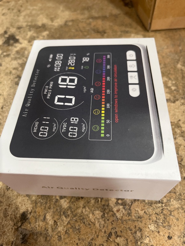 Photo 1 of 14 in 1 Air Quality Monitor Indoor with Beep Alarm, 6 AQI Air Quality Detector with PM1.0|PM2.5|PM10|HCHO|TVOC|AQI|Temperature|Humidity|Time for Home, Hotel, Office, Car, Battery Powered Air Monitor
