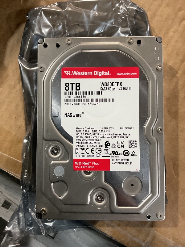 Photo 1 of (Used)(see images) Western Digital 8TB WD Red Plus NAS Internal Hard Drive HDD - 5640 RPM, SATA 6 Gb/s, CMR, 256 MB Cache, 3.5" - WD80EFPX