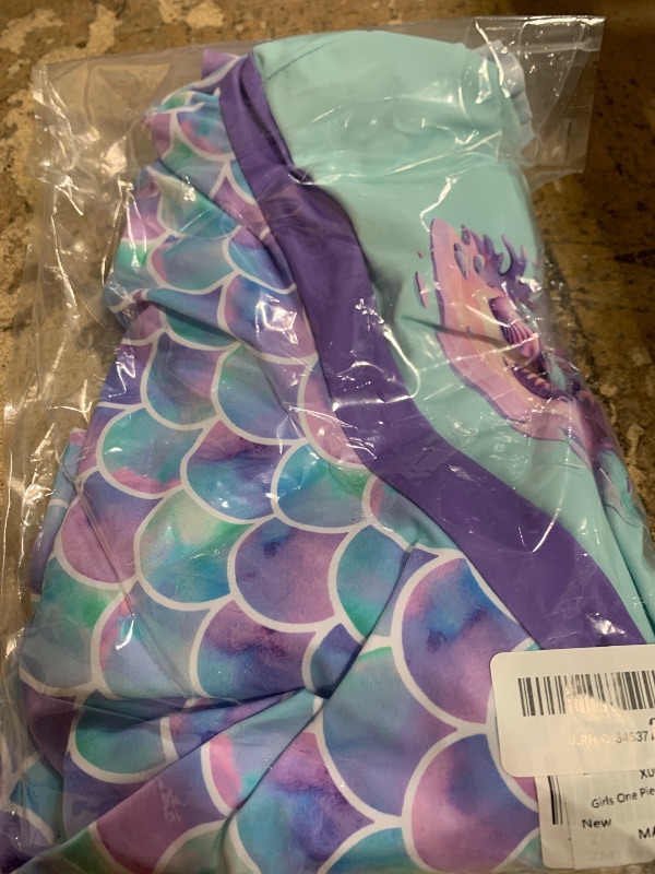 Photo 1 of Girls One Piece Short Sleeve Swim Dress Pearl Shell Mermaid Rash Guard Bathing Suit Skirted Swimwear 7-8 Years