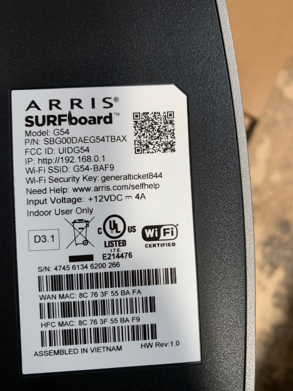Photo 1 of (used) ARRIS (G54) - Cable Modem Router Combo - Fast DOCSIS 3.1 Multi-Gigabit & BE 18000 WiFi 7 Comcast Xfinity, Cox, Spectrum Quad-Band 1, Up to 18 Gbps Max Speed