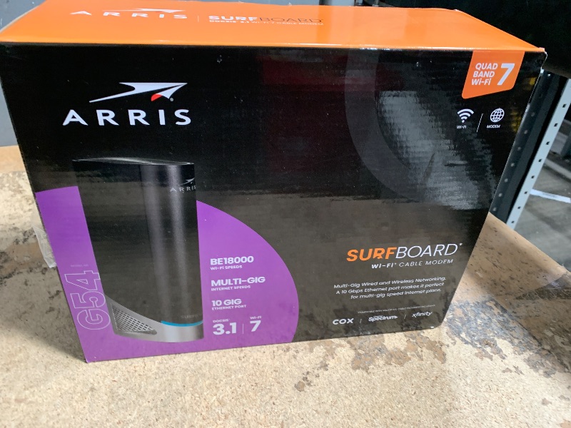 Photo 1 of (used) ARRIS (G54) - Cable Modem Router Combo - Fast DOCSIS 3.1 Multi-Gigabit & BE 18000 WiFi 7 Comcast Xfinity, Cox, Spectrum Quad-Band 1, Up to 18 Gbps Max Speed