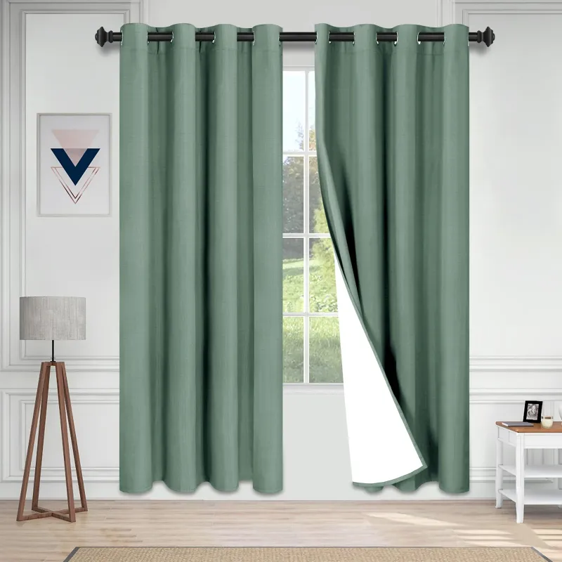 Photo 1 of (1 panel, Light Teal ) Easy-Going Faux Linen 100% Blackout Curtains, Room Darkening Thermal Insulated Window Curtain Drapes, Sage Green, 52 x 84 Inch, 