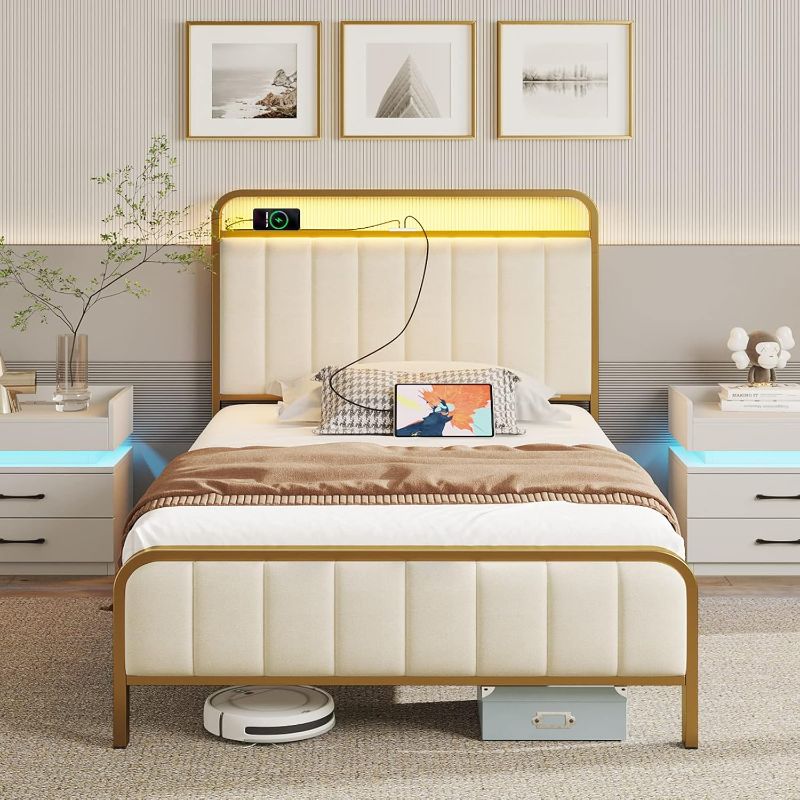 Photo 1 of 
Rolanstar Twin Size Bed Frame with LED Light and Charging Station, Upholstered Headboard and Footboard, Metal Slat