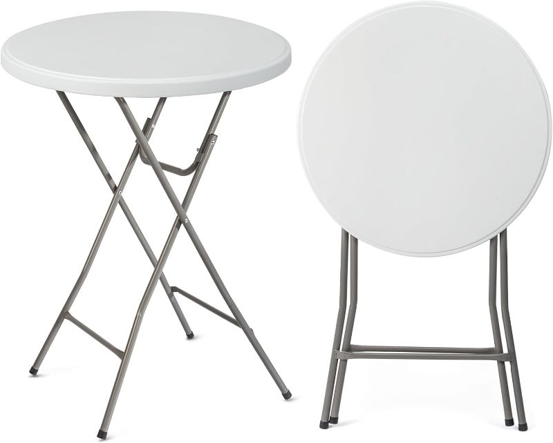 Photo 1 of  32" Plastic Folding Round Table Bar Height, HDPE Matrial with Gray Metal Finish, High Top Table for Outdoor Party, Cafes, Restaurants, Backyard, Dining Room, Wedding Event,1 Pack, White
