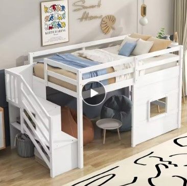 Photo 1 of *******************THIS IS ONLY BOX 1 OUT OF 2**********************

Children Beds Twin Size Loft Bed with Storage Staircase and Window White Children Bed Wooden Bed Bunk Beds for Kids Furniture Us