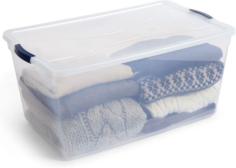 Photo 1 of ***DAMAGED - CRACKED - SEE PICTURES***
Rubbermaid Cleverstore 95 Quart Clear Stackable Large Plastic Storage Containers with Lids for Office and Home Organization, Clear (2 Pack)