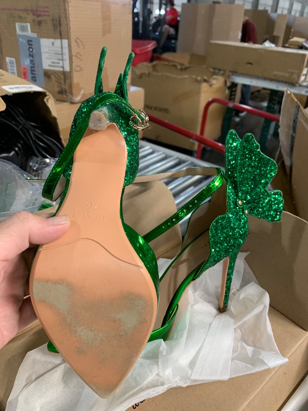 Photo 1 of ***(HEAVILY USED/ MINOR DAMAGE)***FINDVELL Green High Heels Butterfly Back Sexy Stiletto Pumps Closed Toe Sparkly Ankle Strap Heels Sandals Dress Shoes for Women Size 7.5