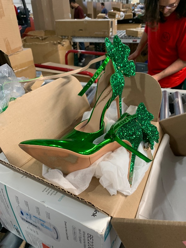Photo 1 of ***(HEAVILY USED/ MINOR DAMAGE)***FINDVELL Green High Heels Butterfly Back Sexy Stiletto Pumps Closed Toe Sparkly Ankle Strap Heels Sandals Dress Shoes for Women Size 7.5