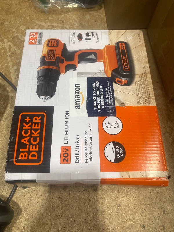 Photo 1 of *BATTERY WONT CHARGE* BLACK+DECKER 20V MAX Cordless Drill and Driver, 3/8 Inch, With LED Work Light, Battery and Charger Included (LDX120C)