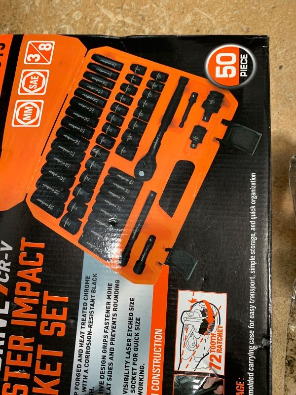 Photo 1 of (missing small pieces) HORUSDY 3/8" Drive Impact Socket Set, 50-Piece Standard SAE (5/16 to 3/4 inch) and Metric (8-22mm) Size, 6 Point, Cr-V, 3/8-Inch Drive Ratchet Handle, Drive Extension Bar, Impact Universal Joint