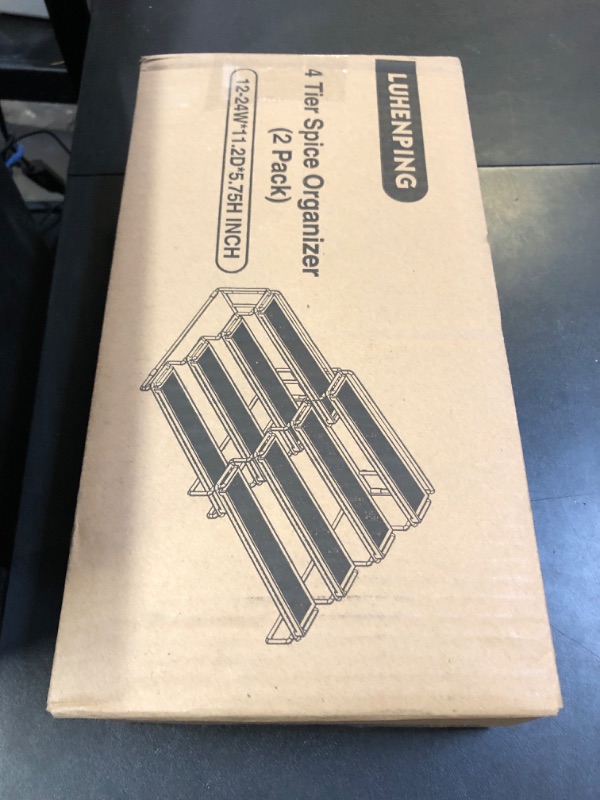 Photo 1 of 4 Tier Spice Rack Organizer for Inside Cabinet Expandable Display Riser Shelf Seasoning Organizer for Countertop Cupboard Pantry Adjustable Step Storage Holder with Protection Railing (Black, 2PC)