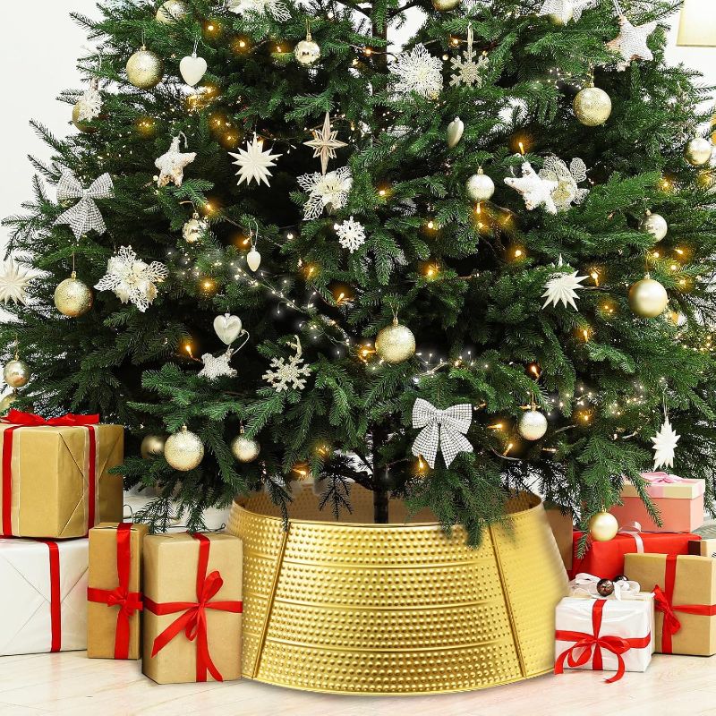 Photo 1 of 28" Christmas Tree Collar, 5-Piece Christmas Tree Base Cover, Holiday Tree Skirt for Home, Living Room, Christmas Decorations Indoor, Christmas Ornaments, Gold, Metal Hammered