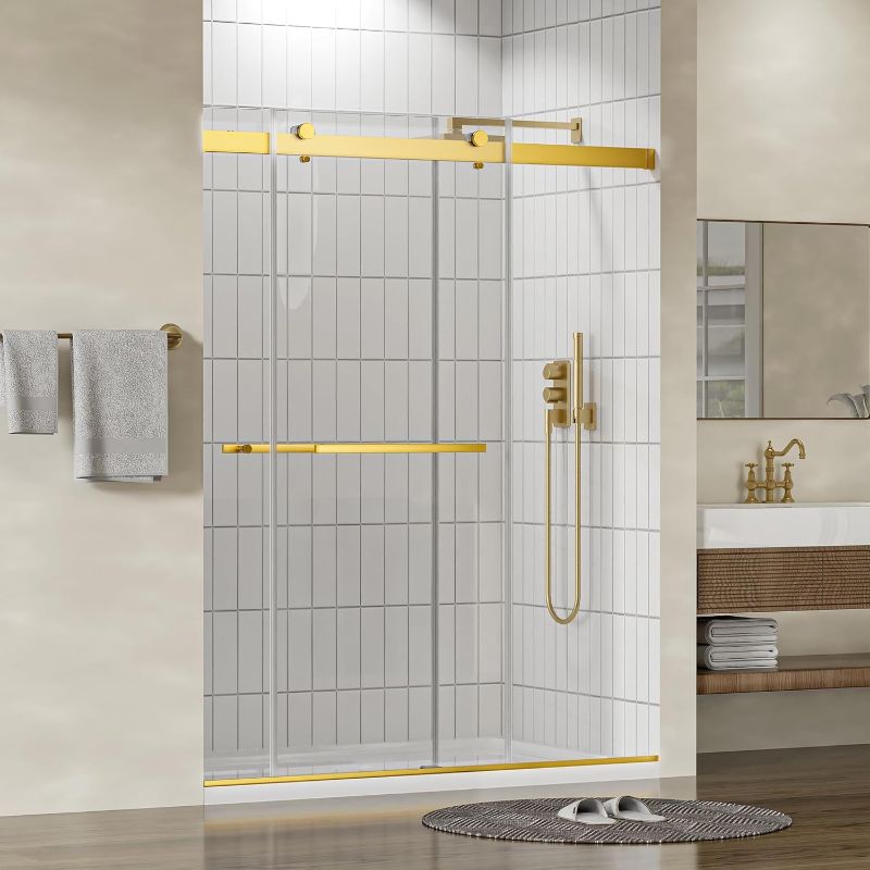 Photo 1 of 56"-60" W x 75" H Frameless Shower Door, Double Sliding Shower Door,5/16"(8mm) Clear Tempered Glass,Silent Soft-Close Design,Brushed Gold
