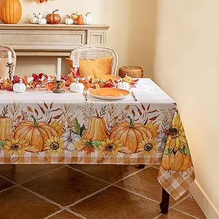 Photo 1 of 
Thanksgiving Jacquard Rectangle Tablecloth, Fall Harvest Pumpkins Buffalo Plaid Table Cloth, Autumn Washable Table Cover for Holiday,