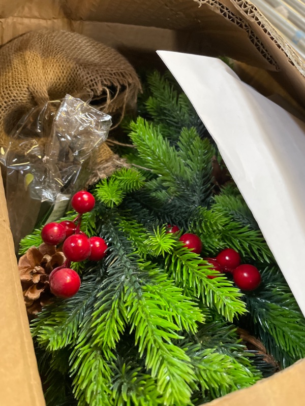 Photo 1 of 2 Pack 24 Inch Tabletop Small Christmas Trees with Lights Timer Realistic-Feel PE Pine 2 Ft Artificial Mini Christmas Tree Battery Operated Red Berries Pinecone Christmas Decoration Indoor Xmas