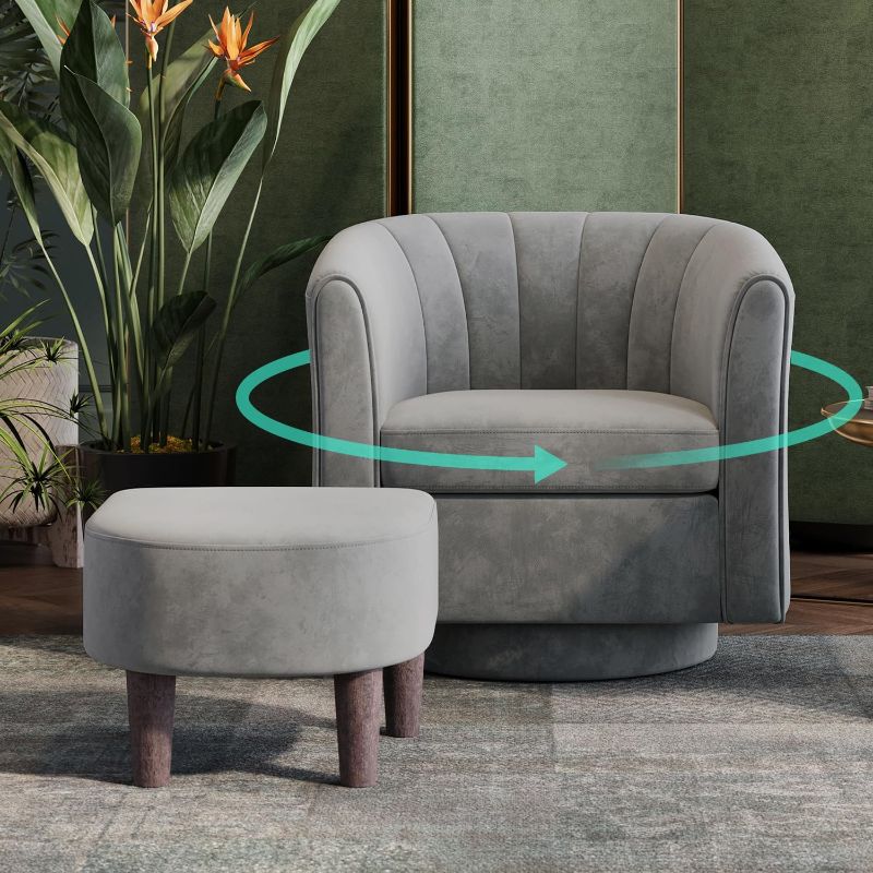 Photo 1 of LINSY Swivel Accent Chair, Velvet Barrel Chair with Ottoman, Modern Comfy Reading Chair Armchair for Living Room Study Room Office, Gray
