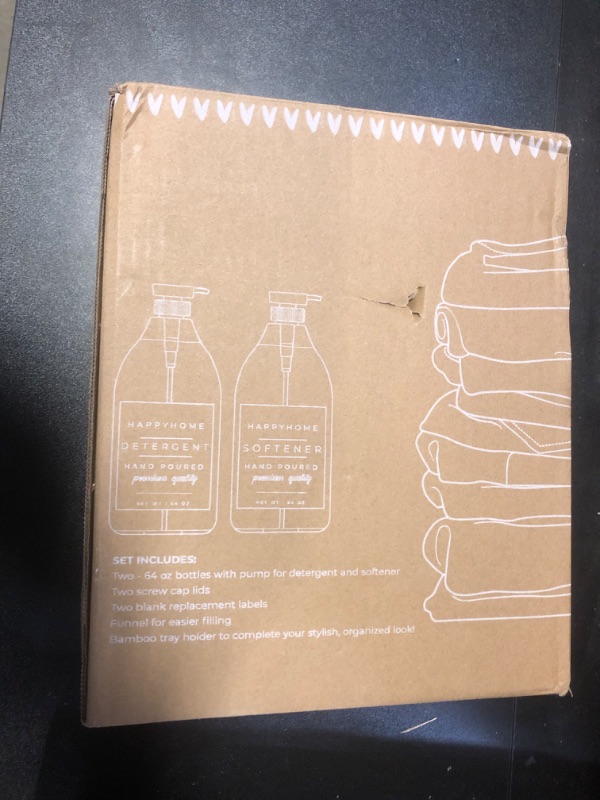 Photo 1 of Laundry Detergent Dispenser - Fabric Softener Liquid Dispenser for Laundry Room - 64oz Plastic Soap Dispenser, Waterproof Labels, Collapsible Funnel, Extra Labels, Measuring Cup&Bamboo Tray - Set of 2