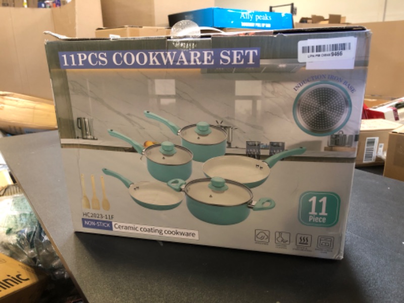 Photo 1 of M MELENTA Pots and Pans Set Nonstick, 11pcs Kitchen Cookware Sets Induction Cookware, Ceramic Non Stick Cooking Set, Stay Cool Handle & Bamboo Kitchen Utensils, 100% PFOA Free, Turquoise