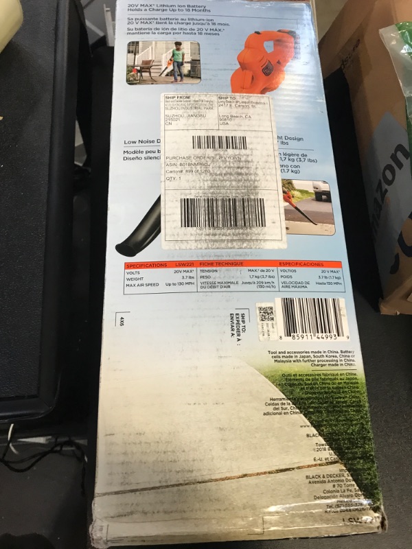 Photo 2 of BLACK+DECKER 20V MAX Cordless Leaf Blower, Lawn Sweeper, 130 mph Air Speed, Lightweight Design, Battery and Charger Included (LSW221)