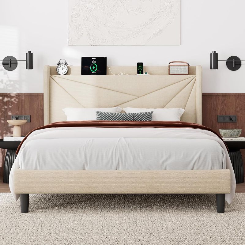 Photo 1 of Feonase Full Size Bed Frame with Charging Station, Upholstered Bed Frame with Wingback Storage Headboard, Solid Wood Slats Support, No Box Spring Needed, Beige
