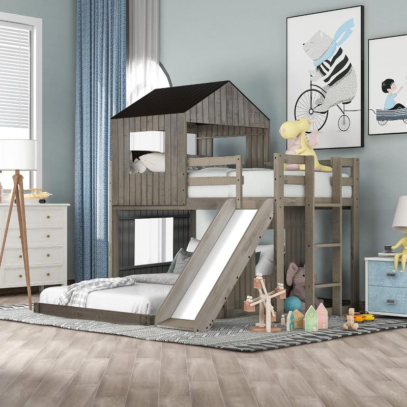 Photo 1 of Harper & Bright Designs House Bunk Beds with Slide, Wood Twin Over Full Bunk Beds with Roof and Guard Rail for Kids, Toddlers, No Box Spring Needed (Antique Gray, Twin Loft Bed with Slide)
