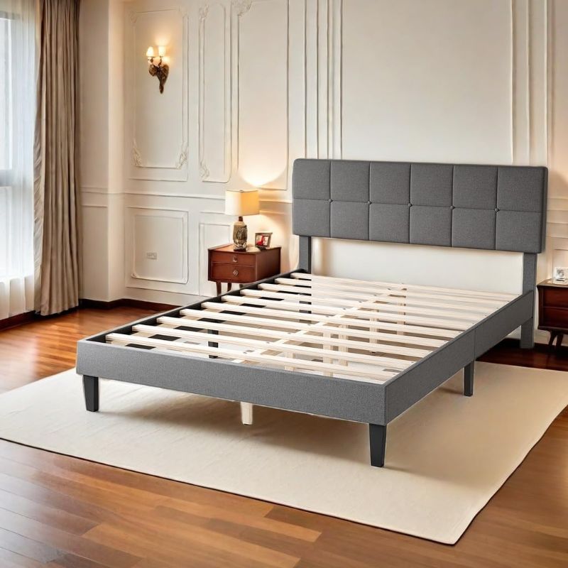 Photo 1 of Queen Bed Frame with Headboard Adjustable, Platform Bed Frame W/Wooden Strip Support & Linen Fabric Upholstered Headboard, No Box Spring Needed, Easy Assembly, Queen/Grey
