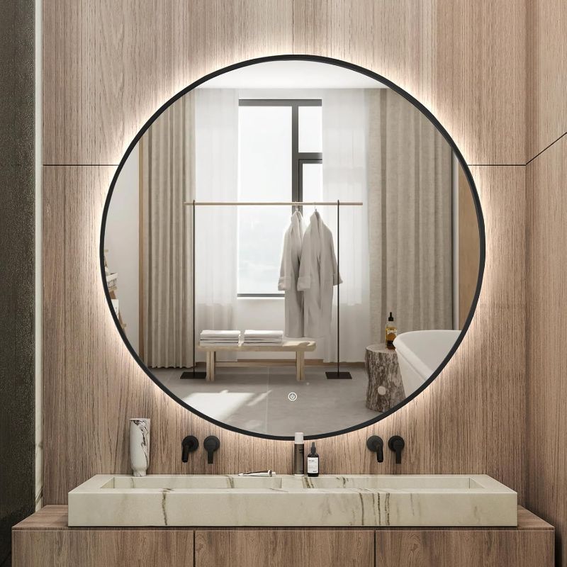 Photo 1 of Niccy 48" LED Backlit Round Mirror for Bathroom, Black Framed Vanity Light Wall Mirror LED Smart Circle Mirrors with 3 Lighting Colors, Dimmable Lighted Mirror with Anti-Fog, IP65 Waterproof
