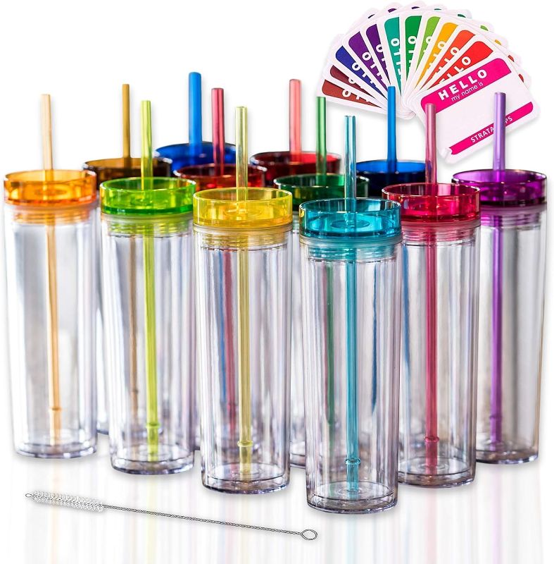 Photo 1 of STRATA CUPS 12 Colored Skinny Clear Tumbler with Lids and Straws | 16oz Double Wall Clear Acrylic Tumblers Bulk With FREE Straw Cleaner & Name Tags! Reusable Cup With Clear Straw Tumbler
